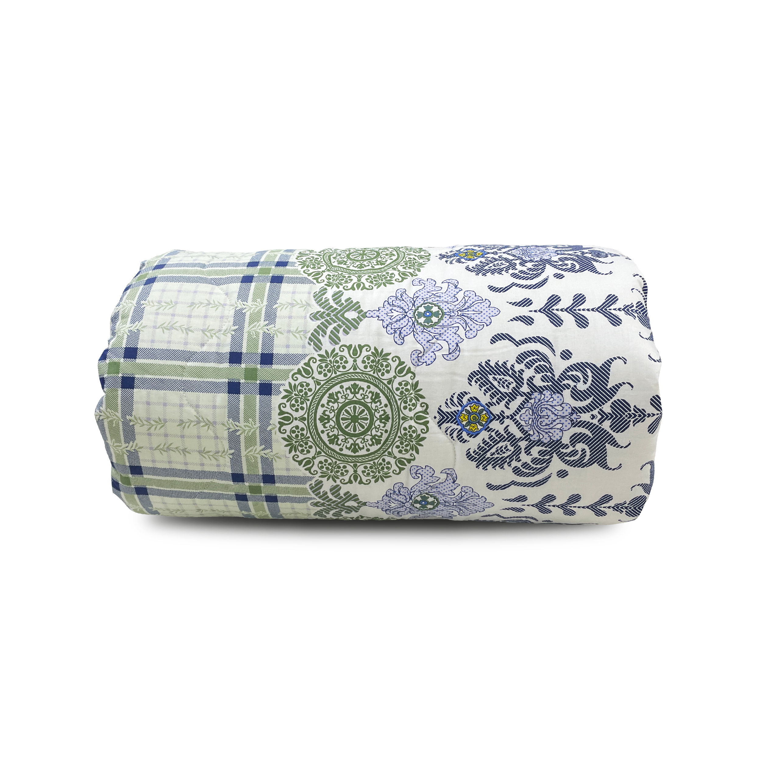 Rolled-up fabric with green, blue, and white patterns on a white background